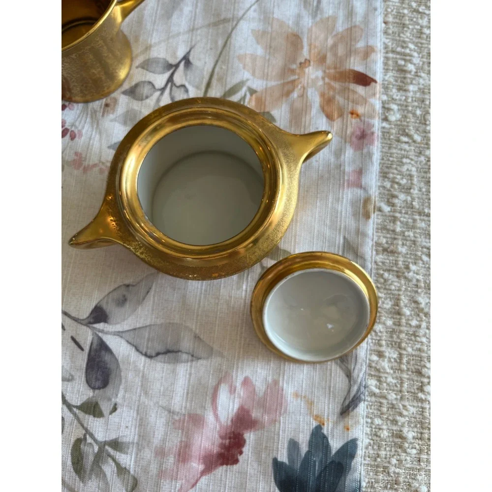 Vtg Fraunfelter Ohio China & Aw Steiner Creamer & Sugar Bowl w lid Weeping Gold